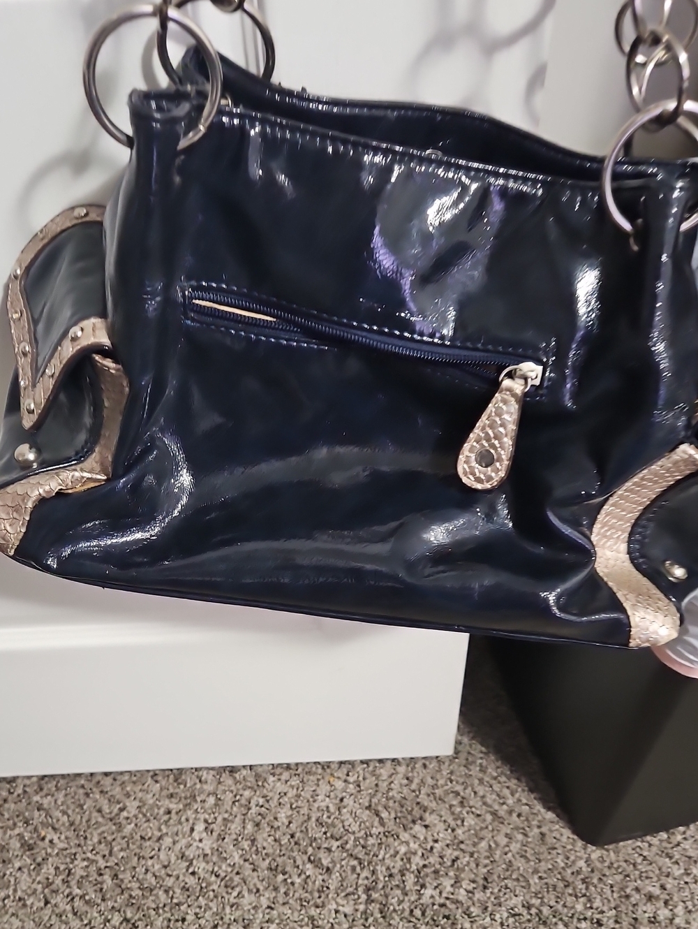 Glossy Navy Shoulder Bag with Metallic Tan Accents